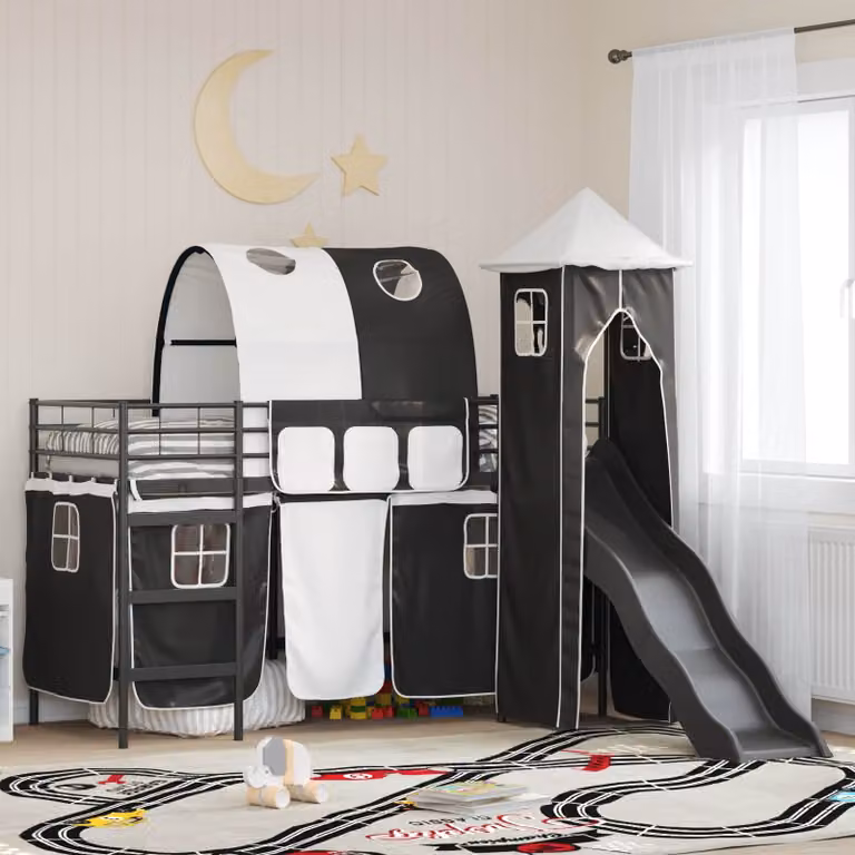 Letto a castello per bambini vidaXL in metallo con struttura a casetta e scala, L/P/H: 200 x 100 x 194 cm, Nero o Blu