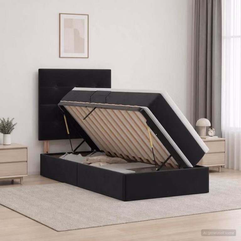 Letto con contenitore e materasso vidaXL in velluto nero con base a sollevamento L/P/H: 90 x 200 x 128 cm