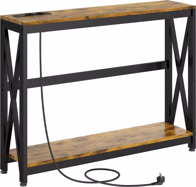 Consolle da ingresso HOMCOM in stile industriale con prese di corrente e USB, in legno e metallo, Marrone, L 100 x P 24 x H 75 cm