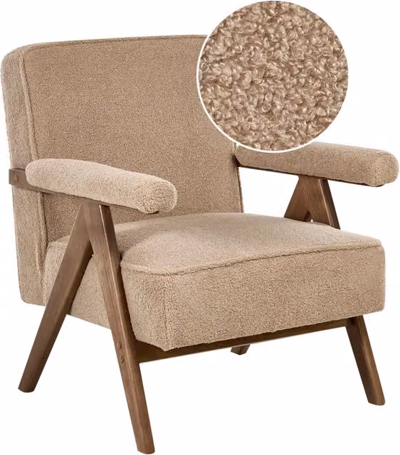 Poltrona design retro BELIANI con rivestimento in tessuto boucle beige e struttura in legno di gomma, L: 72 cm, P: 70 cm, H: 81 cm