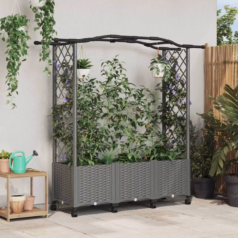 Letto rialzato con griglia e tetto vidaXL in plastica grigio chiaro per orto ornamentale o erbe aromatiche L: 164 cm, P: 144 cm, H: 66 cm