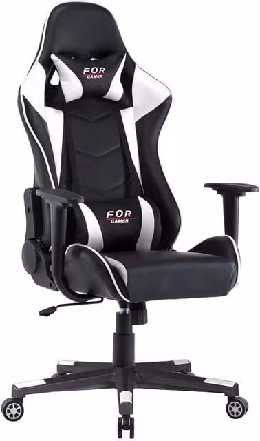 Sedia da gaming Casa Vital in ecopelle a righe bianco e nero con poggiatesta, braccioli e ruote, ideale per ufficio o casa
