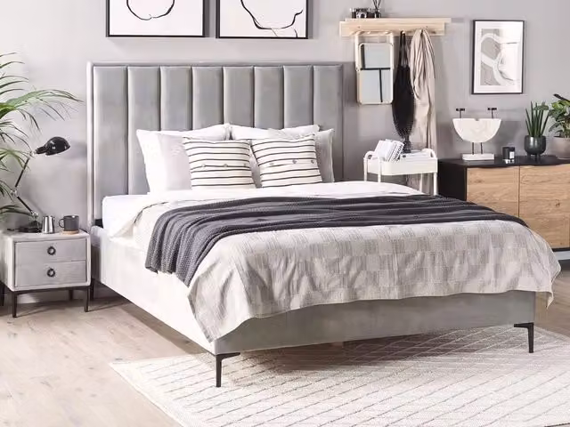 Letto Beliani in velluto grigio con contenitore e testata imbottita, L/P: 180 x 200 cm
