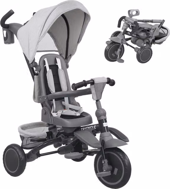 AIYAPLAY Triciclo 6 in 1 per Bambini con Maniglione di Spinta e Sedile Girevole, Pieghevole, Grigio, L: 111.5 cm, P: 52 cm, H: 98 cm