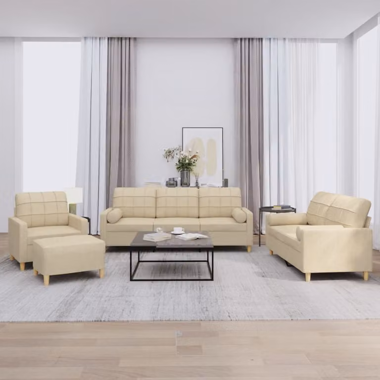 Set di divani vidaXL da 4 pezzi in tessuto beige con pouf e cuscini per soggiorno moderno