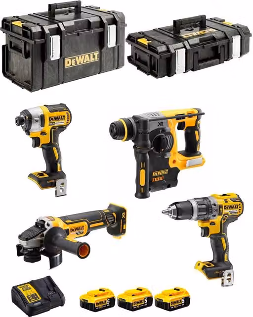 Kit utensili DeWalt DCK422P3 con avvitatore, trapano, martello perforatore, utensile multifunzione e 3 batterie da 5,0 Ah colore giallo