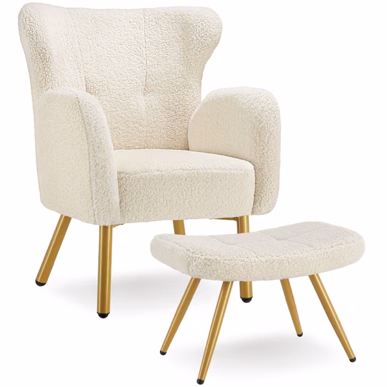 Poltrona con poggiapiedi integrato Tectake in stile scandinavo con rivestimento bouclé beige e oro, L/P/H: 92 x 72 x 71 cm