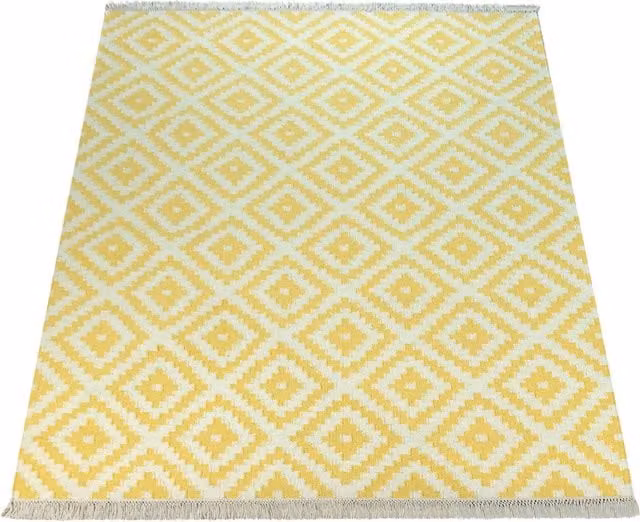 Tappeto Kenolia in lana e cotone giallo e bianco con frange, stile marocchino e scandinavo, L: 60 cm x P: 110 cm