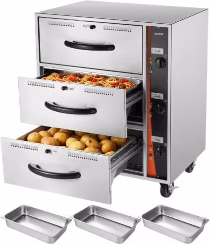 VEVOR Armadio Scaldavivande Elettrico Commerciale in Acciaio Inox Color Argento con 3 Cassetti e Display Analogico, Temperatura 30-85 °C