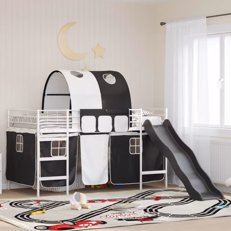Letto a castello singolo per bambini vidaXL in metallo con struttura a casetta e scala, Bianco e Nero, L/P/H: 200 x 100 x 205 cm