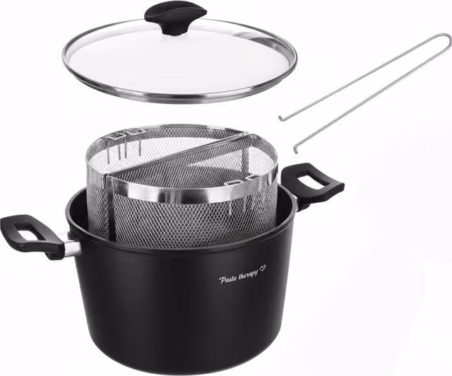 Pentola per pasta KASANOVA nera con rivestimento antiaderente in ceramica, 2 cestelli e coperchio in vetro, diametro: 22 cm