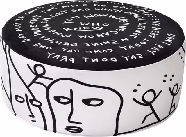 Pouf cilindrico Qeeboo Eclipse Etching con decorazione astratta in tessuto bianco e nero per il tuo soggiorno