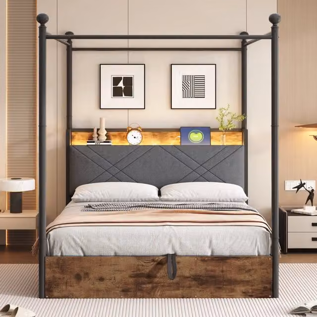 Letto contenitore matrimoniale nero con illuminazione LED, porte USB e Type-C e baldacchino removibile, L/P: 140 x 190 cm