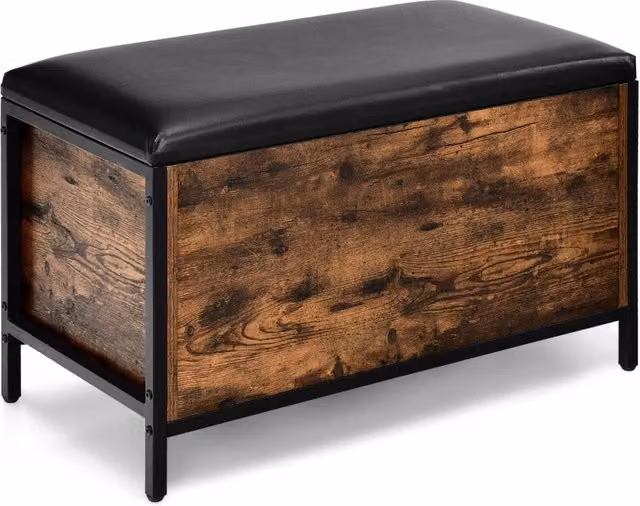 Panca da ingresso con coperchio in finta pelle nera e struttura in metallo, ideale come poggiapiedi o contenitore per camera da letto e soggiorno, L: 120 cm