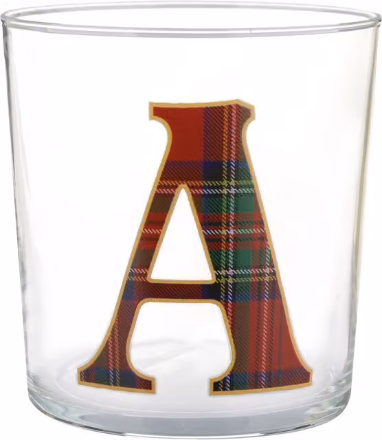Bicchiere tumbler lettera A KASANOVA in vetro rosso tartan da 360 ml