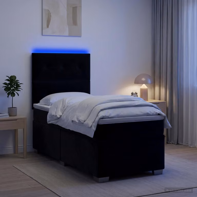 Letto box spring vidaXL in velluto nero con materasso a molle pocket, dotato di illuminazione sottostante e porta USB, L/P: 90 x 200 cm