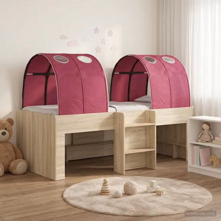 vidaXL Letto Alto per Bambini con Tunnel, 3 Pezzi, Rovere e Rosso, L: 203 cm, P: 120 cm, H: 111 cm