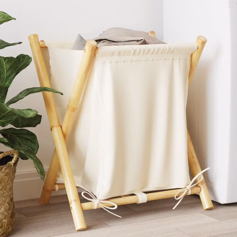 Cesto per biancheria pieghevole vidaXL in bambù e cotone, beige/marrone/bianco, L: 45 cm, P: 55 cm, H: 63,5 cm