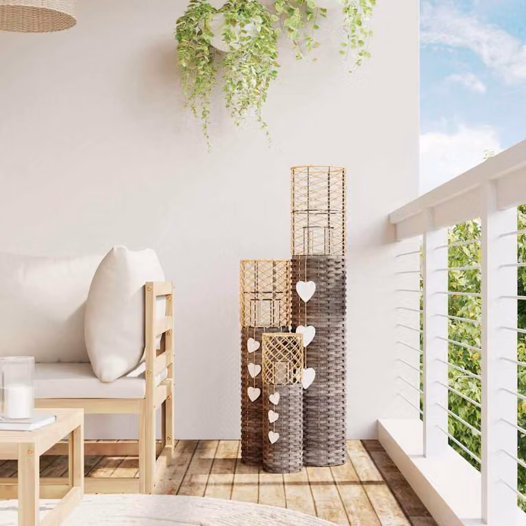 Set di 3 portacandele da tavolo vidaXL in vimini e vetro, colore grigio, stile moderno
