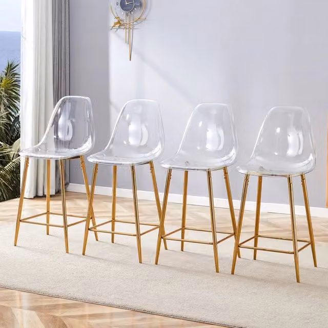 Set di 2 sgabelli bar moderni WISHDOR trasparenti con struttura in metallo dorato, Altezza: 68,5 cm, L/P/H: 48 x 47 x 68,5 cm