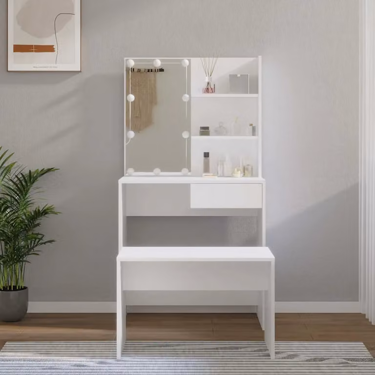 vidaXL Set Tavolo da Toeletta Bianco con LED in Legno Multistrato L: 141 cm, P: 40 cm, H: 74,5 cm