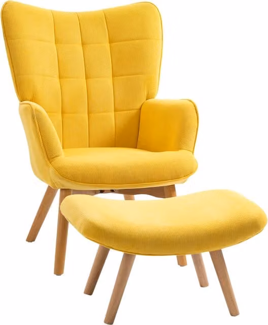 Poltrona Relax HOMCOM con Pouf in Effetto Corda e Gambe in Legno, Giallo