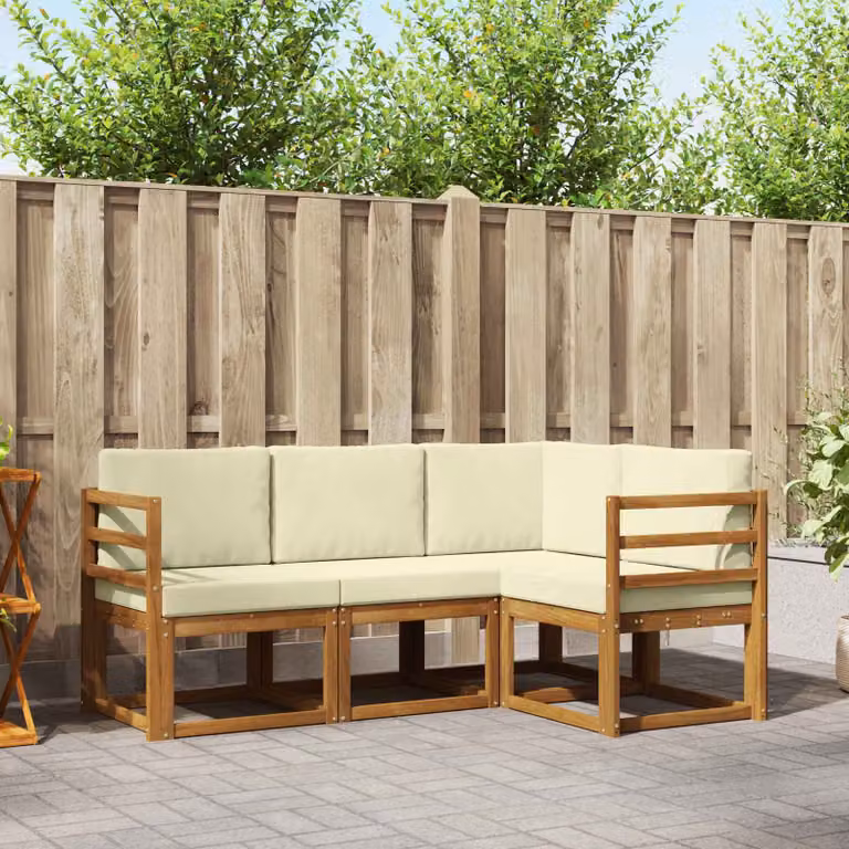 Set di divani da esterno vidaXL 4 pz in legno di acacia con cuscini beige e bianco per giardino e terrazza