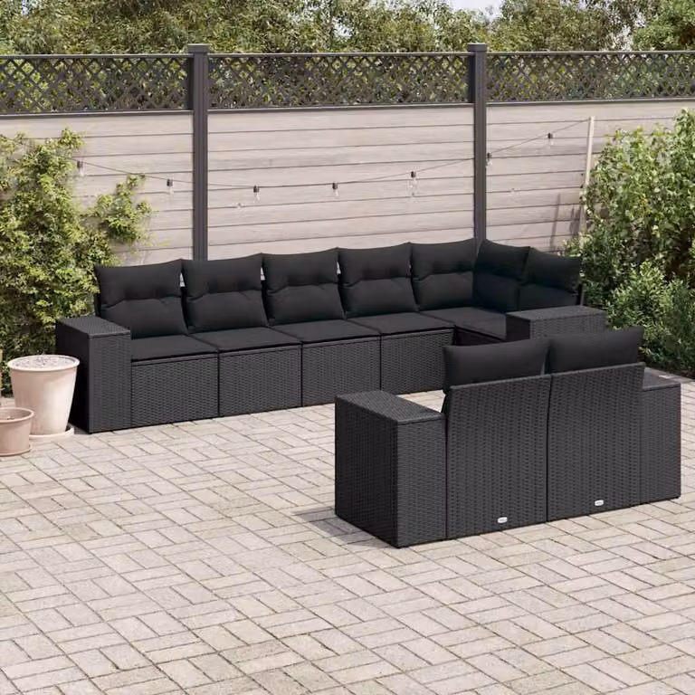 Set Divani da Giardino vidaXL a Forma di L con 8 Cuscini in Polyrattan Nero
