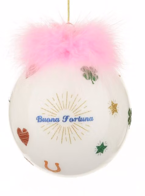 Pallina di Natale KASANOVA rosa e bianca con scritta Good Luck, diametro 10 cm