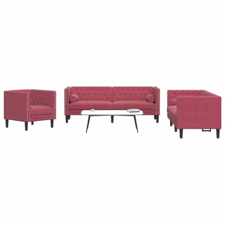 Set di Divani Chesterfield vidaXL in Velluto Rosso con Cuscini, Composto da un Divano a 3 Posti e un Divano a 2 Posti con Struttura in Legno Solido
