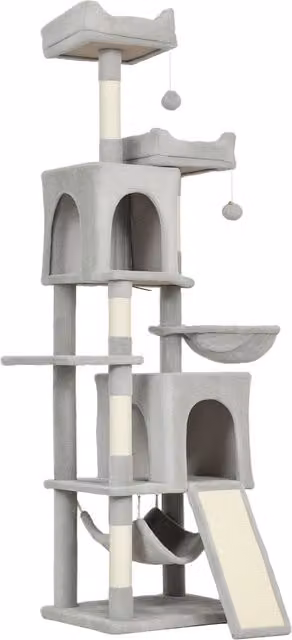 Albero Tiragraffi per Gatti PawHut con 2 Casette, 2 Lettini, Trespolo e 2 Palline, H 177 x L 40 x P 48 cm, Grigio Chiaro e Beige