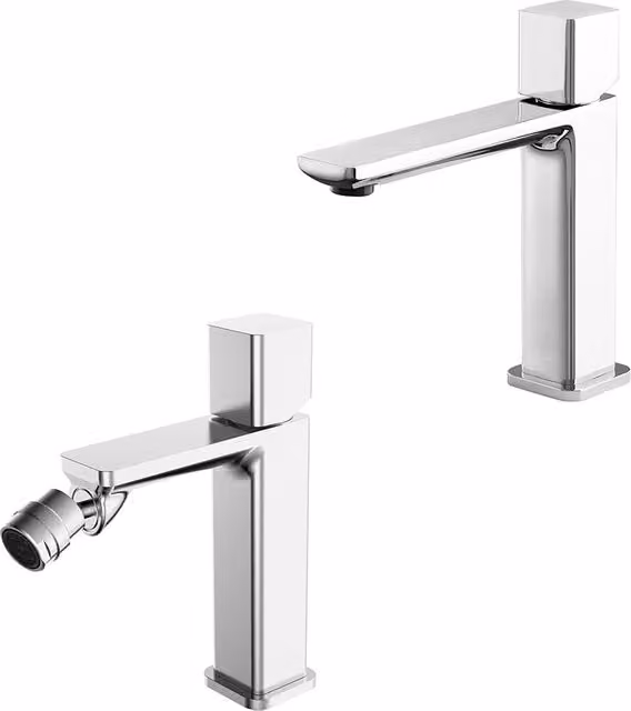 Set di miscelatori per lavabo a bocca lunga e bidet Lotus in ottone cromato argento con comando monocomando e scarico pop-up