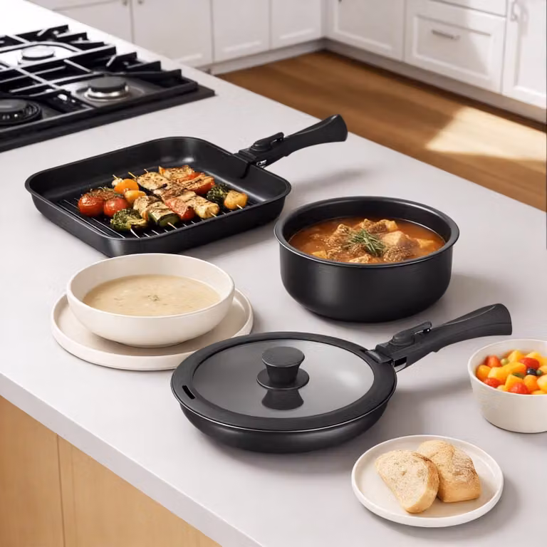 Set da cucina Tectake da 41 pezzi con padelle, coperchi e cestelli per vapore, antiaderente, nero e beige