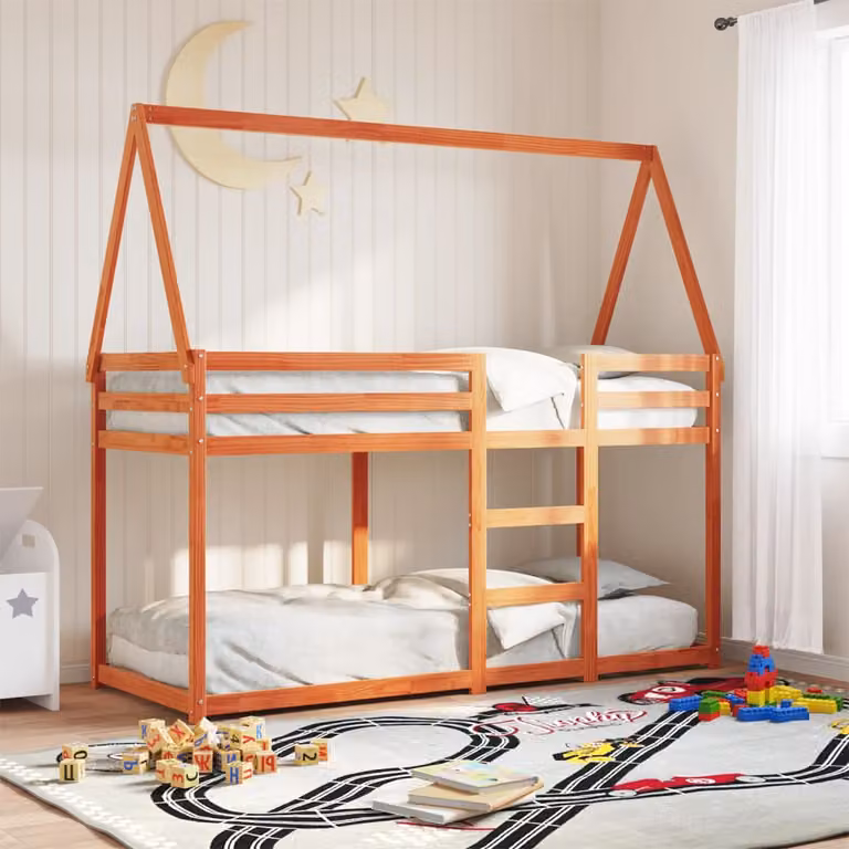 Letto a castello per bambini vidaXL in legno massello di pino color marrone cera con struttura a casetta L/P/H: 195.5 x 90 x 112 cm