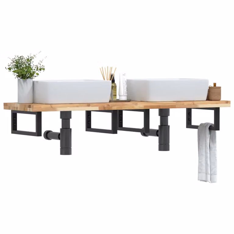 vidaXL Ripiano a Parete per Lavabo in Acciaio e Legno di Acacia, Nero e Marrone, L: 40 cm, P: 19 cm, H: 1 cm