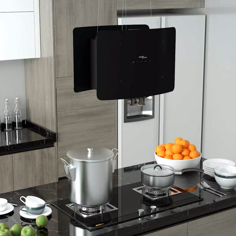 vidaXL Cappa da Cucina ad Isola Sospesa in Vetro Temperato e Acciaio Inox, Colore Nero, con Display LED e Sensore