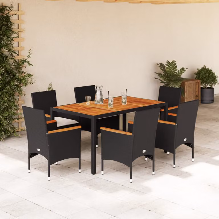 Set Pranzo da Giardino vidaXL in Polyrattan e Legno di Acacia Nero con Cuscini Beige, 7 Pezzi