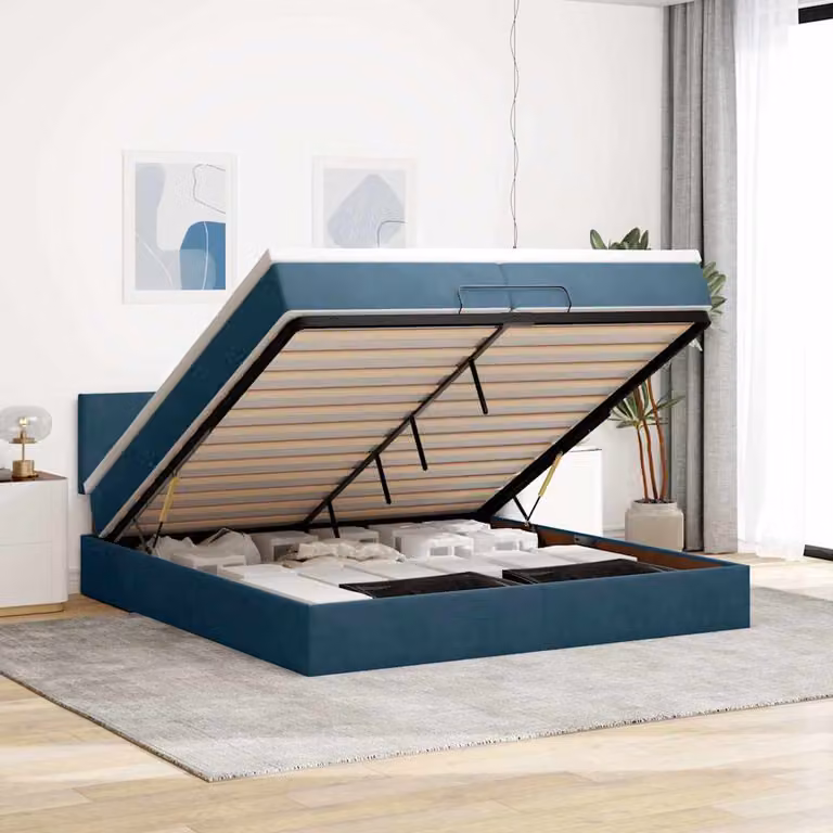 Struttura Letto con Materasso e Contenitore a Sollevamento vidaXL in Velluto Blu e Bianco L/P/H: 200 x 200 x 28 cm