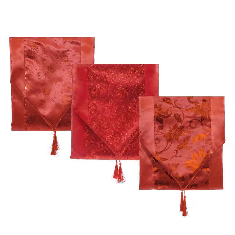 Runner da tavola natalizio Vestiamo Casa rosso con decorazioni floreali e nappine L: 180 cm, P: 35 cm