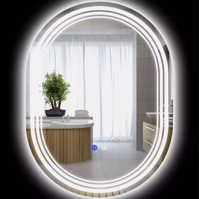 Kleankin Specchio da bagno ovale con illuminazione LED a 3 colori, regolazione luminosità e funzione anti-appannamento, L: 70 cm, P: 50 cm