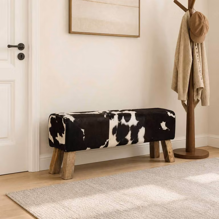 Panchina moderna vidaXL in pelle con stampa animal print e legno di mango, L: 110 cm, P: 30 cm, H: 45 cm, Bianco e Nero