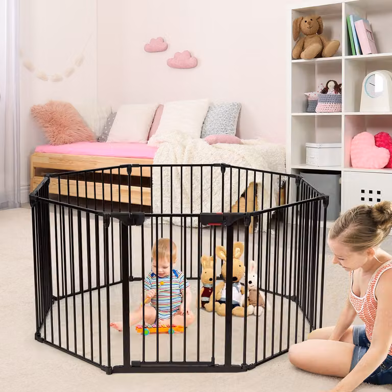 Costway Box con 8 pannelli configurabile e regolabile per bambini, centro attività sicuro in metallo, Nero