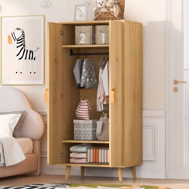 Armadio guardaroba a doppia anta in MDF con appendiabiti, colore legno naturale, L: 70 cm, P: 55 cm, H: 170 cm