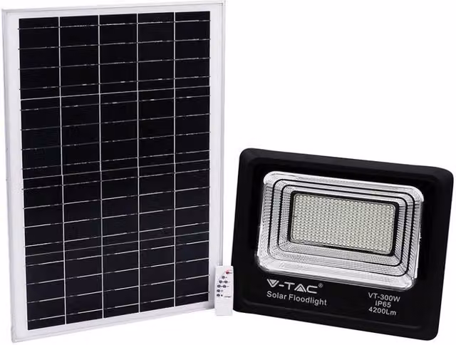 Faro LED solare V-TAC da 50W con telecomando, luce bianca fredda 4000K, colore nero, IP65