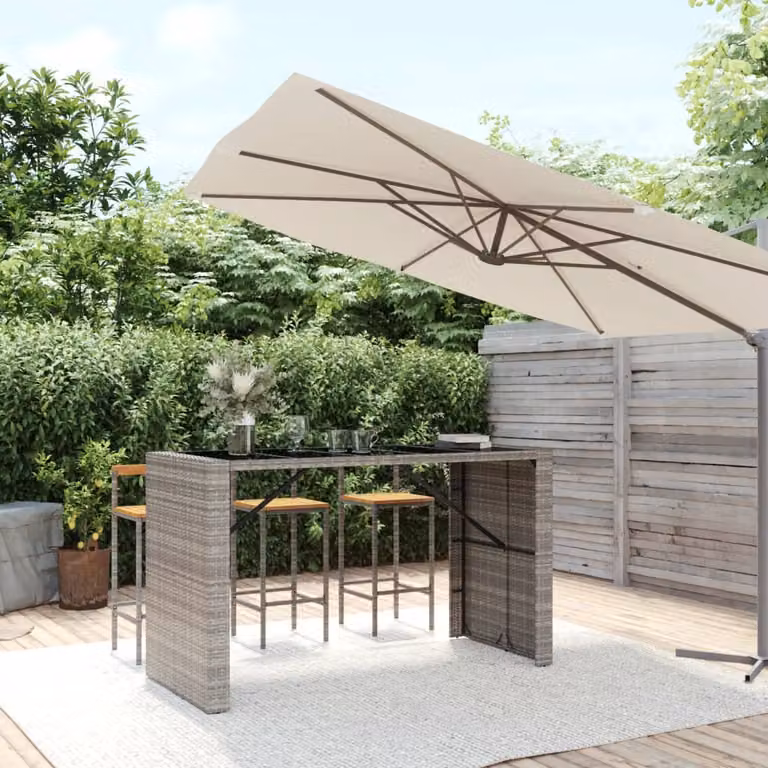 vidaXL Tavolo da Bar Moderno in Polyrattan con Piano in Vetro Grigio e Nero L: 185 cm, P: 80 cm, H: 110 cm