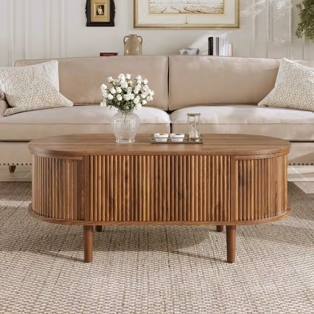 Tavolino da caffè ovale XYLO in legno marrone con meccanismo sollevabile e stile vintage per soggiorno o sala da pranzo, L: 126,52 cm, P: 48 cm, H: 48 cm