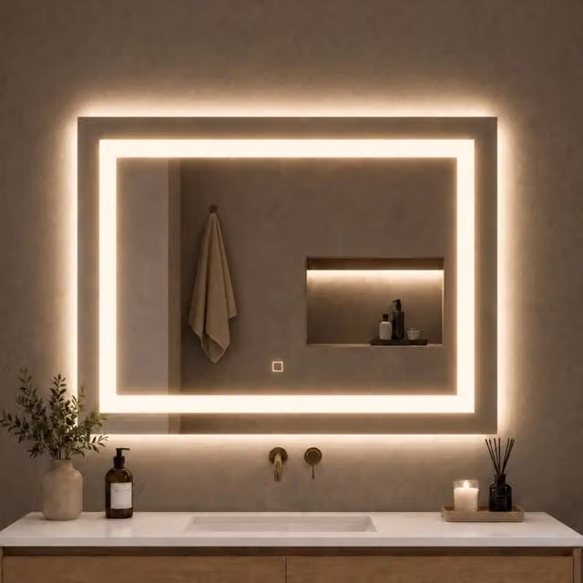 Specchio da bagno rettangolare OGOMONDO con LED dimmerabile, interruttore touch e cornice in alluminio color argento, L: 100 cm, H: 80 cm