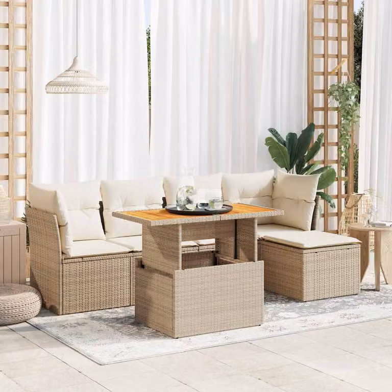 Set Divano da Giardino vidaXL 6 pz in Polyrattan con Cuscini Beige e Tavolino, Design Moderno a L con Ottoman e Struttura in Legno di Acacia
