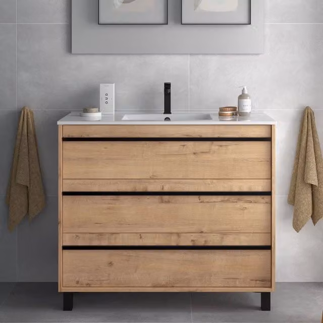 Mobile bagno Geco100 in rovere marrone con 3 cassetti e chiusura soft close L: 100 cm, P: 45 cm, H: 86 cm