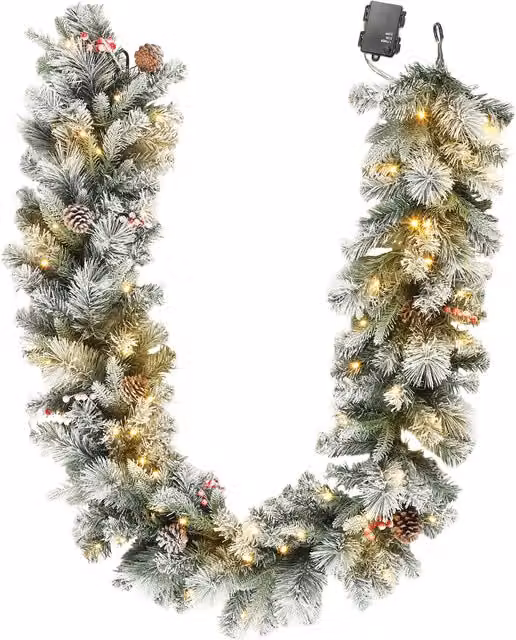Ghirlanda Natalizia HOMCOM con 50 Luci LED, Bacche e Pigne, Verde e Bianco, Ø 25 x 180 cm